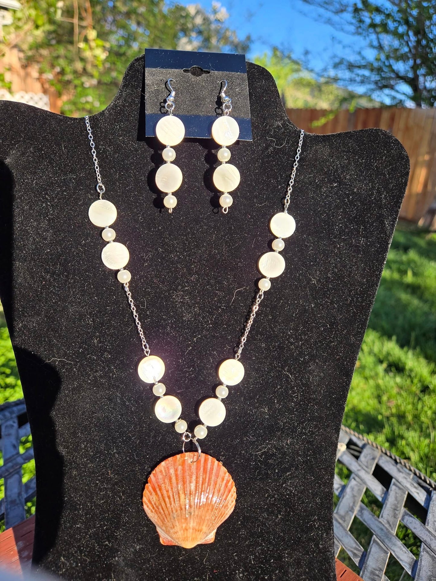 Real Mother of Pearl, real seashell and faux pearl necklace and earring set