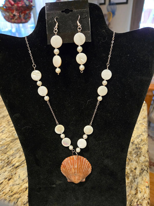 Real Mother of Pearl, real seashell and faux pearl necklace and earring set