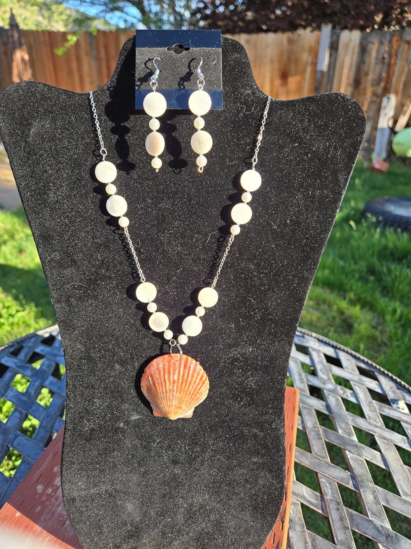 Real Mother of Pearl, real seashell and faux pearl necklace and earring set